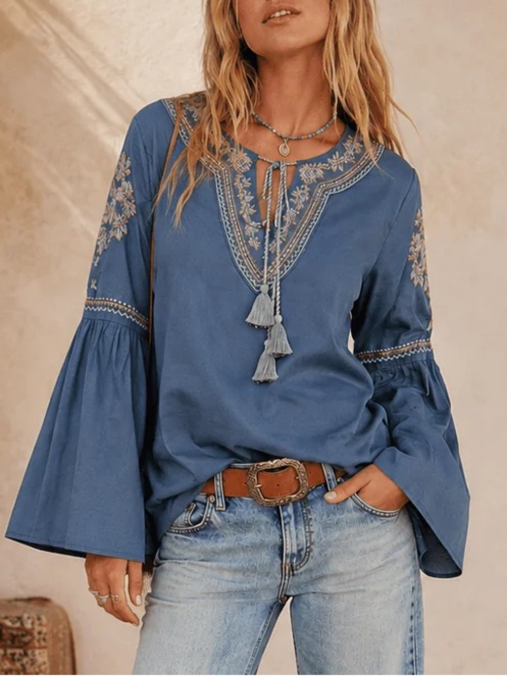 🟠NWT TALORI Bell Sleeve Embroidery-Detailed Boho Top in Indigo